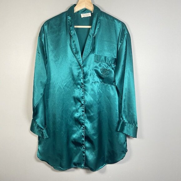 Vtg Victoria's Secret Gold Label Green Satin Button Down Sleep Shirt S Designer - Picture 1 of 13